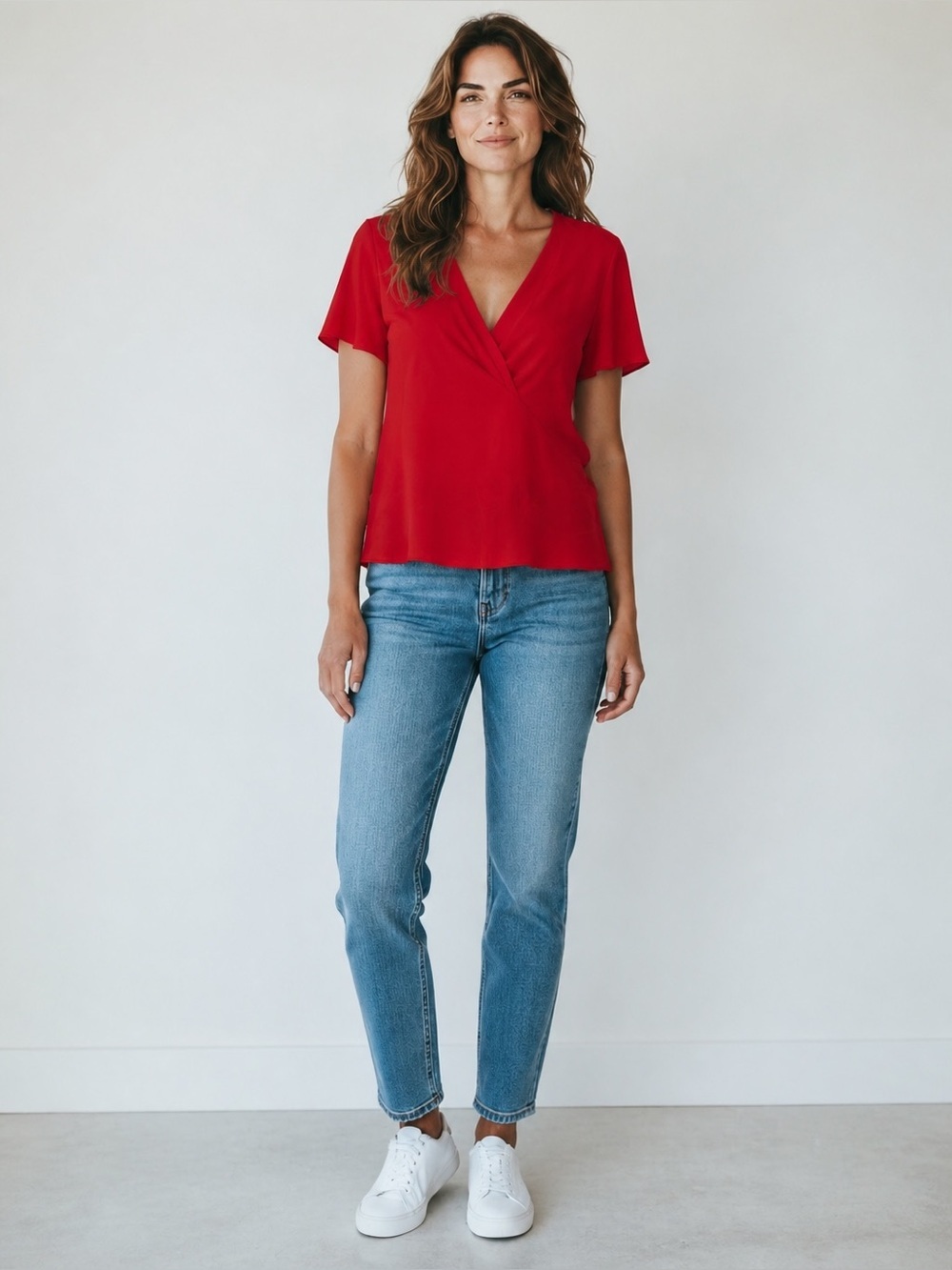 White House Black Market Red Faux Wrap Short Sleeve Blouse Women’s Size 12